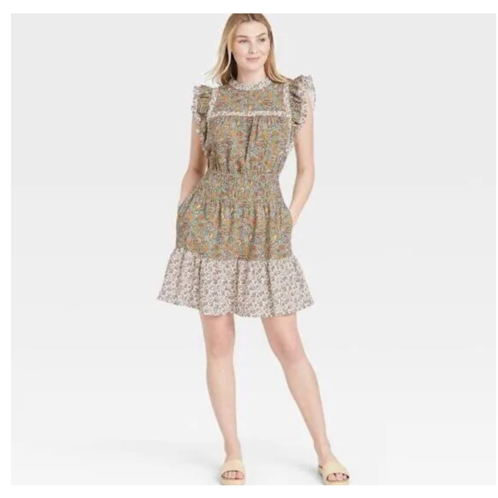 sz m medium new universal thread target green floral ruffle linen bln dress cute